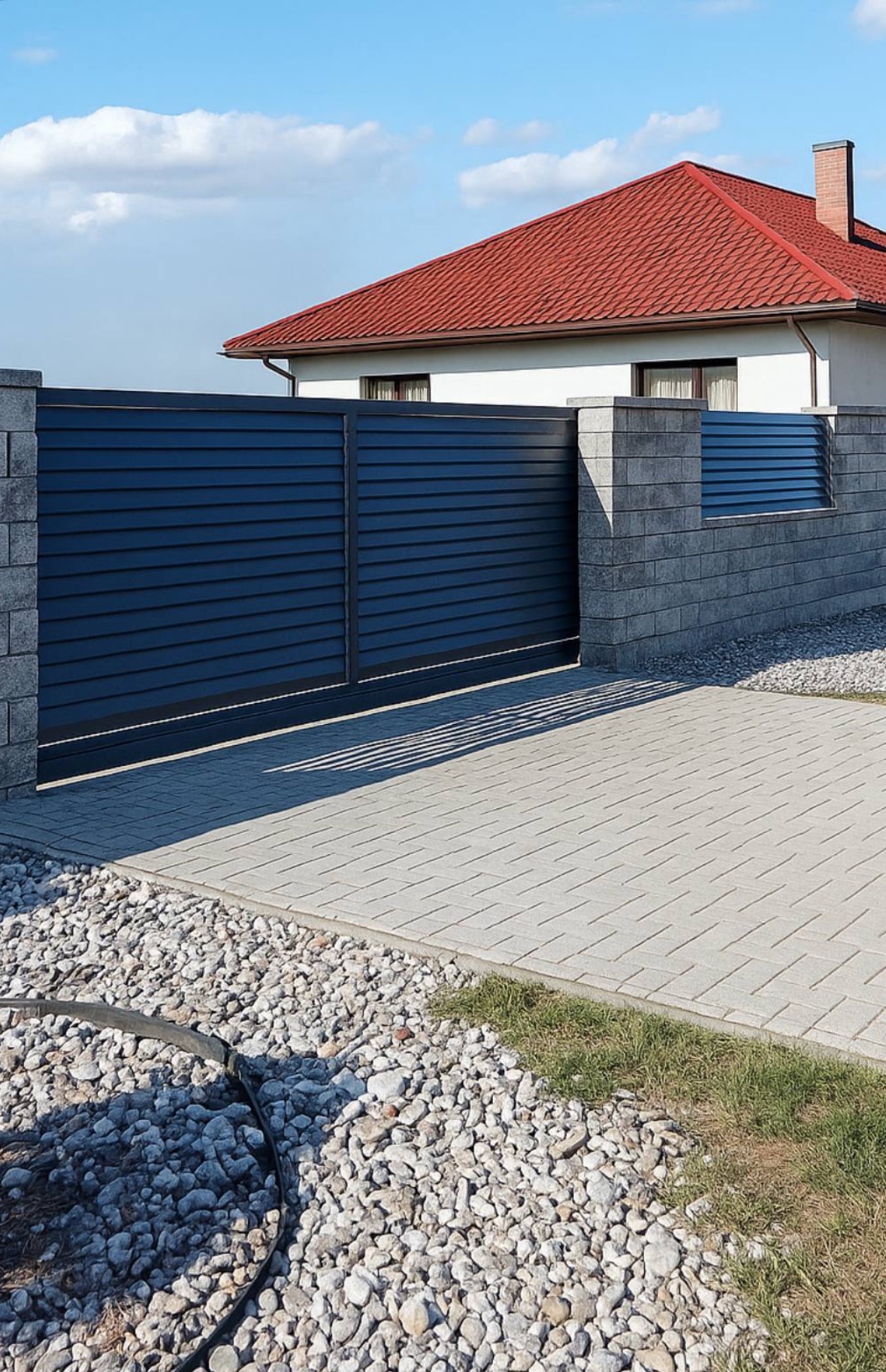 Nowoczesna, przesuwna brama wjazdowa z poziomych paneli, osadzona na murowanych słupkach, z kostką brukową i kamieniami na podjeździe. Czerwony dach domu w tle.
