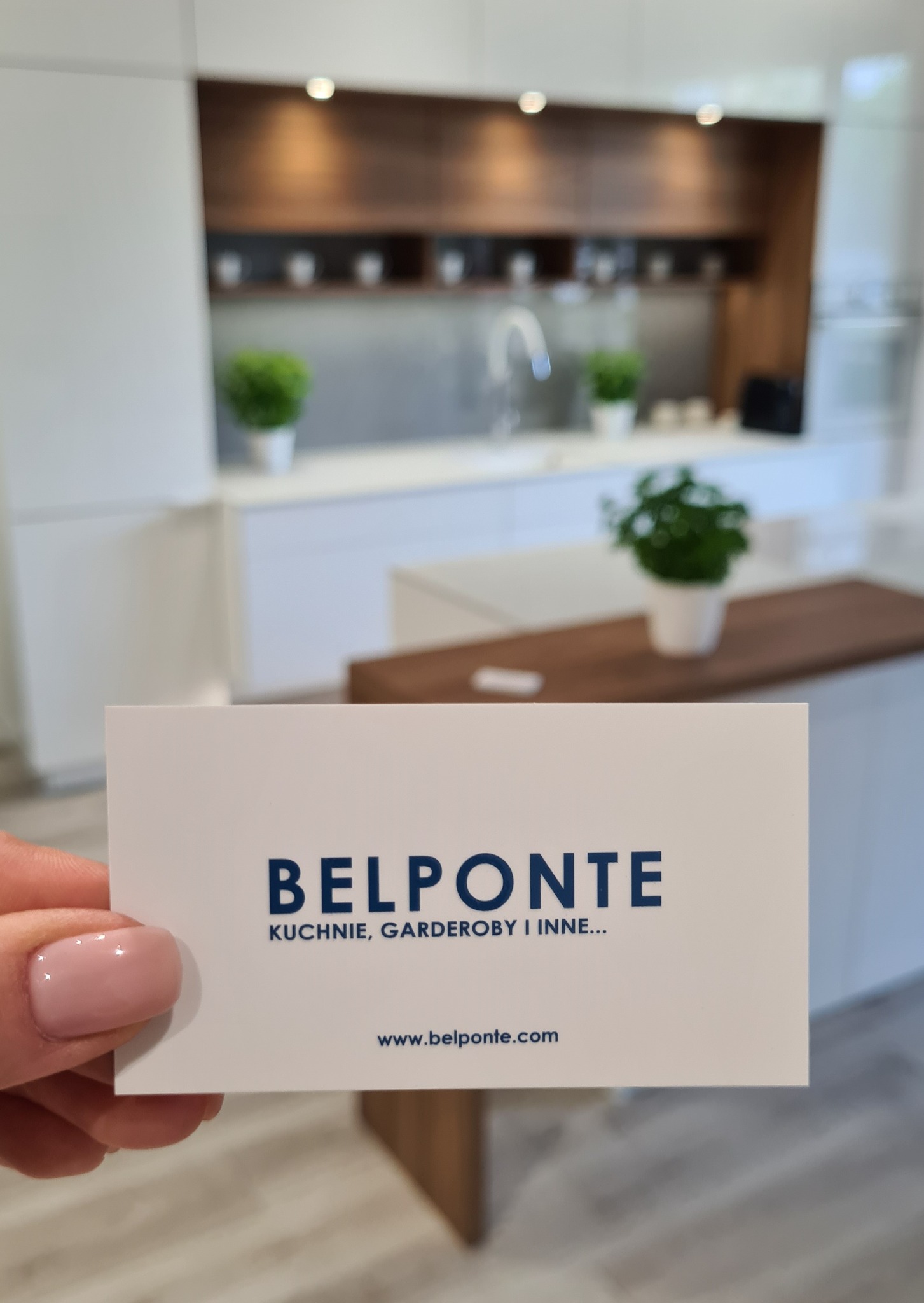 Wizytówka firmy Belponte na tle rozmytej, nowoczesnej kuchni z białymi szafkami i drewnianymi elementami, roślinami w doniczkach oraz srebrnym panelem nad blatem.