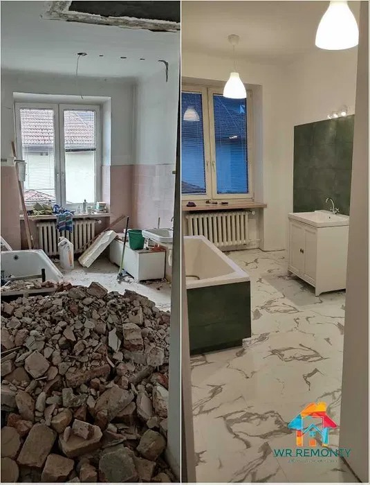 Porównanie stanu łazienki przed i po remoncie: po lewej sterta gruzu i zdemontowane elementy, po prawej odnowione wnętrze z nową armaturą i marmurową podłogą.