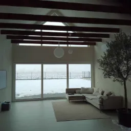 Jasne wnętrze z dekoracyjną gładzią na ścianach, drewnianymi belkami stropowymi, dużym oknem z widokiem na zaśnieżony krajobraz i drzewkiem oliwnym w donicy.