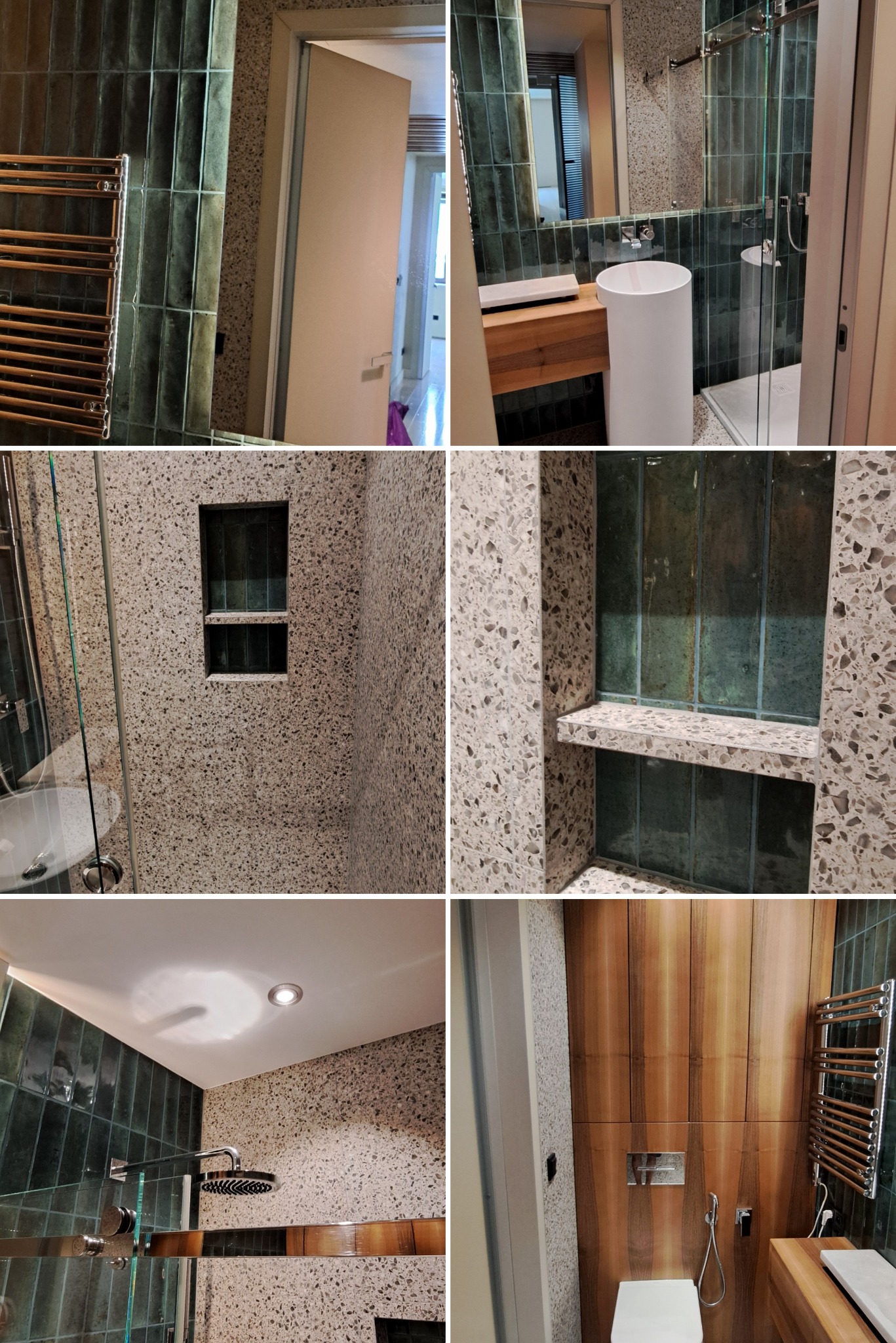 Nowoczesna łazienka z zielonymi płytkami i ścianami pokrytymi mozaiką z kamyczków, kabina prysznicowa ze szklanymi drzwiami, umywalka cylindryczna na drewnianej szafce, grzejnik drabinkowy i wnęka...