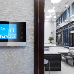 Panel dotykowy na ścianie w nowoczesnym wnętrzu, wyświetlający interfejs systemu zarządzania domem z ikonami temperatury, wentylacji, kamery, zamka, Wi-Fi, muzyki i wideo, widok na hall z sofą...