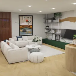 Wizualizacja przestronnego salonu z parkietem w jodełkę, białymi sofami modułowymi, okrągłym stolikiem kawowym, pufą, oraz zabudową kuchenną z drewnianym blatem i abstrakcyjnym malowidłem na ścianie.