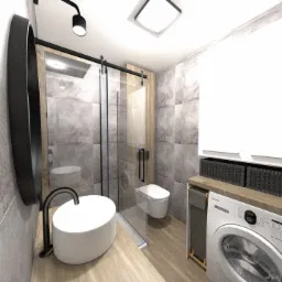 Wizualizacja nowoczesnej łazienki z pralką, umywalką nablatową i kabiną prysznicową typu walk-in, utrzymana w szaro-białej kolorystyce z drewnianymi akcentami.