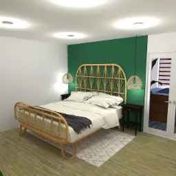 Wizualizacja sypialni w stylu boho z rattanowym łóżkiem, zieloną ścianą akcentującą i roślinami doniczkowymi, widok na taras przez przeszklone drzwi balkonowe.