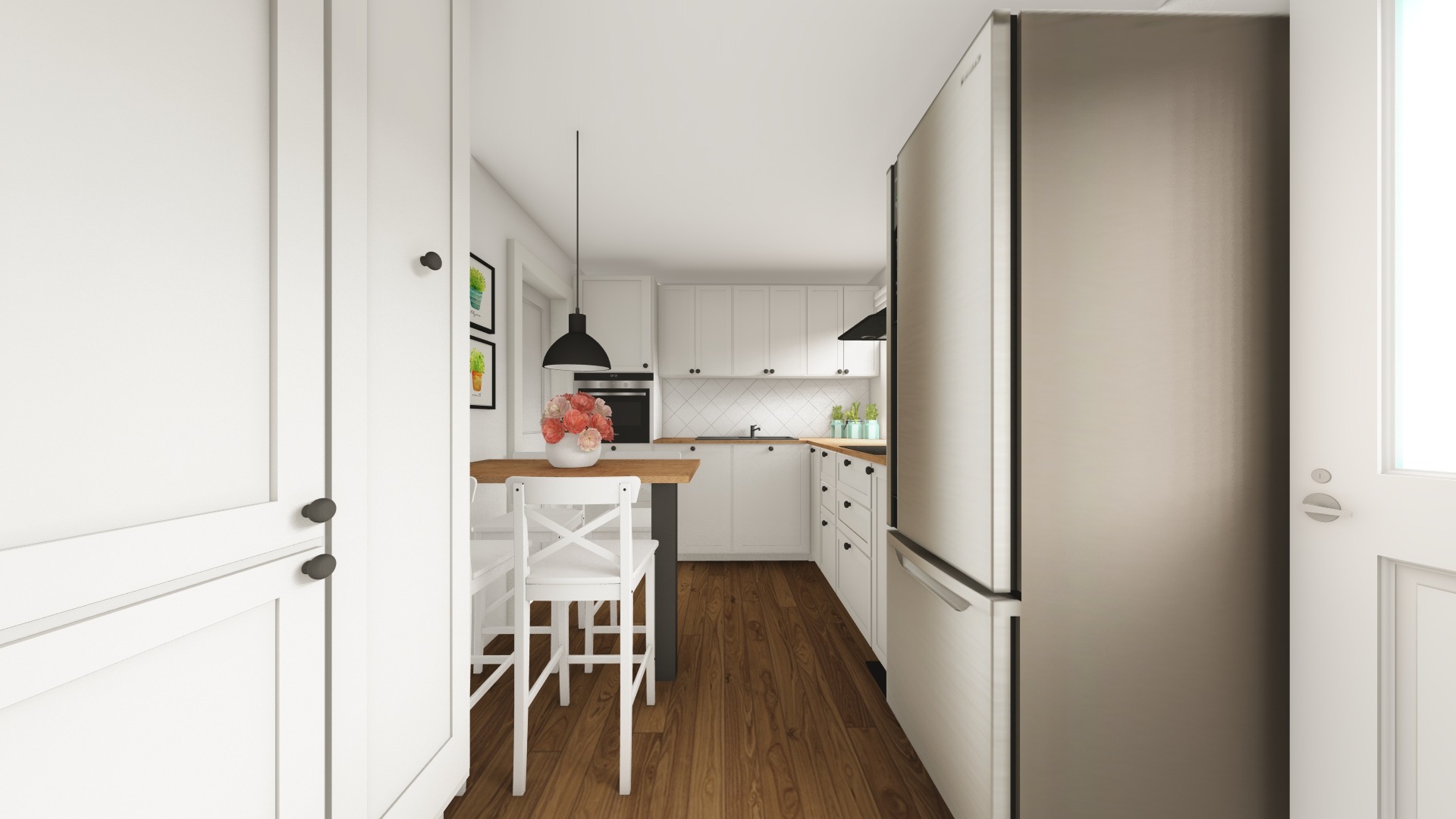 Wnętrze kuchni w stylu skandynawskim z drewnianą podłogą, białymi szafkami i blatem, oraz stalową lodówką, widziane z perspektywy otwartych drzwi.