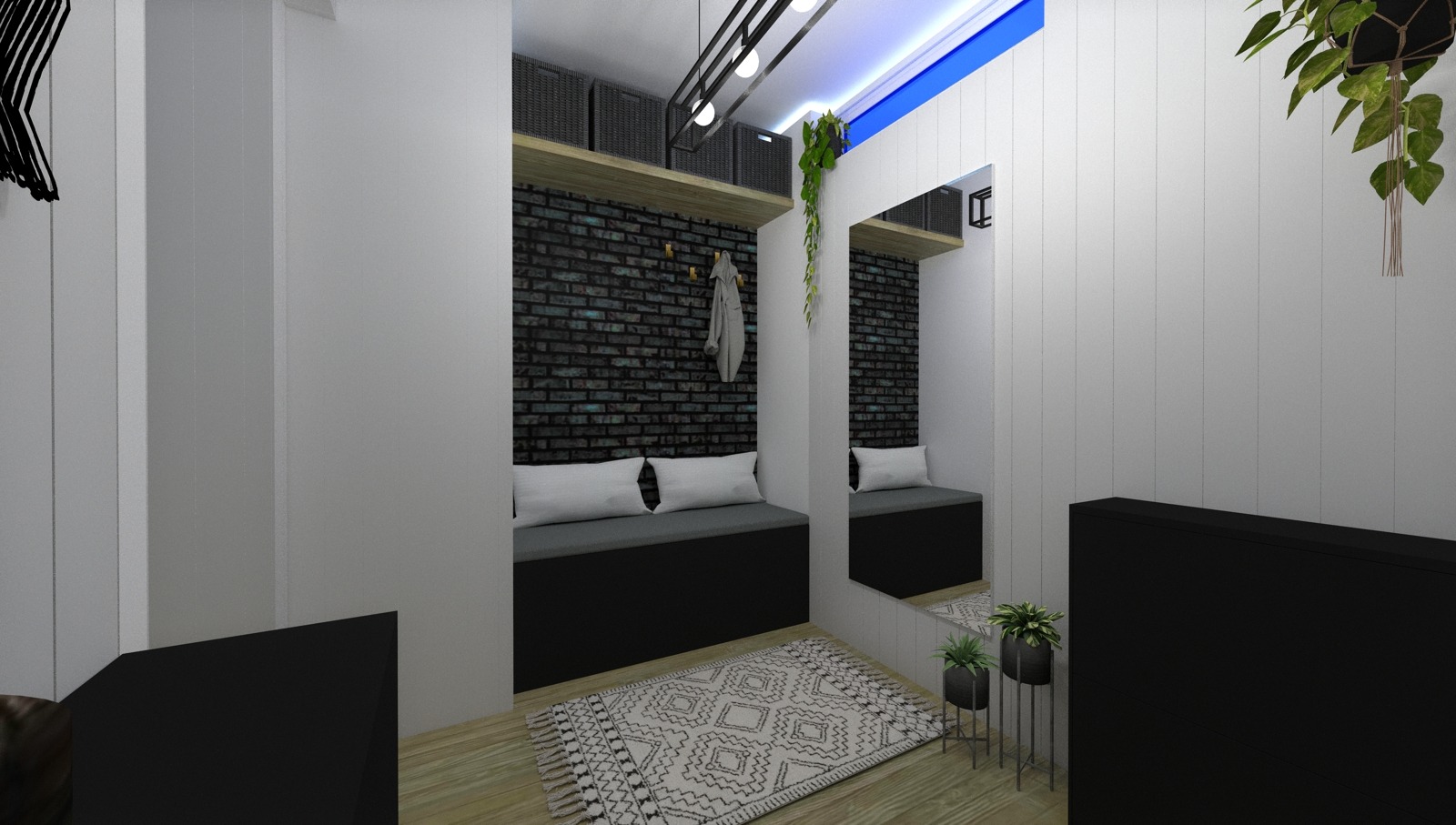 Wizualizacja przedpokoju w Świdwinie z siedziskiem, poduszkami, ceglaną ścianą, lustrem i dywanem w stylu boho.