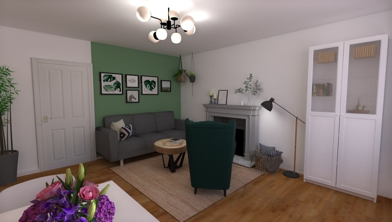 Wizualizacja salonu z zieloną ścianą, szarą sofą, drewnianym stolikiem kawowym, zielonym fotelem i białym regałem z przeszklonymi drzwiami.