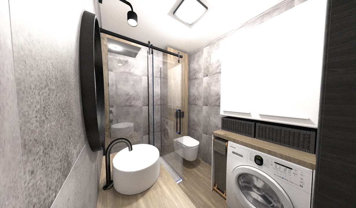 Wizualizacja nowoczesnej łazienki z pralką, umywalką nablatową i kabiną prysznicową typu walk-in, utrzymana w szaro-białej kolorystyce z drewnianymi akcentami.