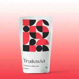 Białe opakowanie produktu 'Truskawka Liofilizowana' z geometrycznym wzorem w kolorach czerwonym i czarnym na gradientowym, czerwono-białym tle.