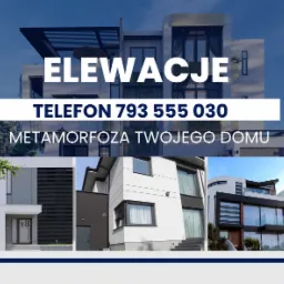 Kompozycja zdjęć nowoczesnych domów z napisem 'Elewacje' i numerem telefonu, sugerująca metamorfozę domu.