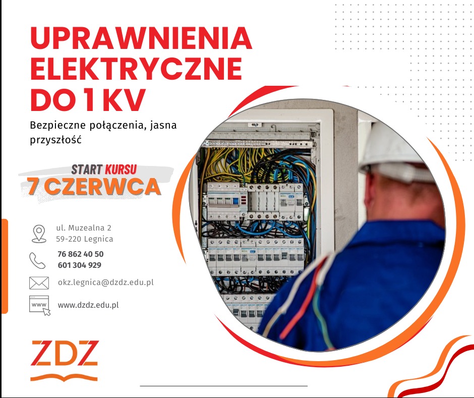 Plakat informujący o kursie na uprawnienia elektryczne do 1 kV, z widocznym elektrykiem w kasku przy skrzynce bezpiecznikowej, datą rozpoczęcia kursu 7 czerwca oraz danymi kontaktowymi organizatora...