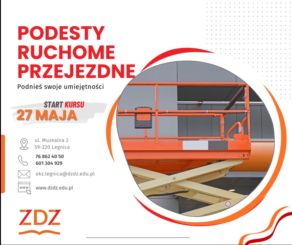 Grafika reklamowa kursu na podesty ruchome przejezdne, z datą startu 27 maja, adresem, numerami telefonów i adresem e-mail, na tle fragment podestu ruchomego.