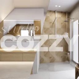 Wizualizacja nowoczesnej łazienki z podwójną umywalką, drewnianą ścianą z pionowymi panelami, kabiną prysznicową z geometryczną okładziną i dekoracyjnym stołkiem przy oknie.