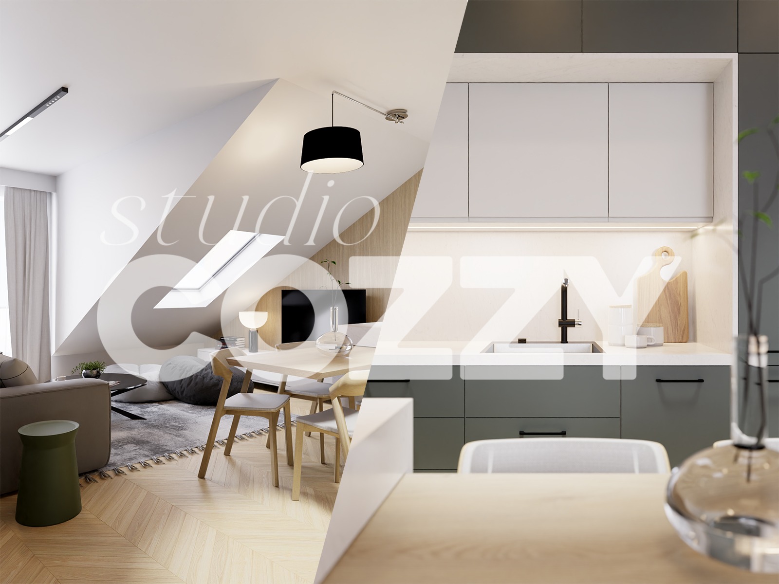 Wizualizacja wnętrza łączącego kuchnię z salonem w poddaszu, z oknem dachowym, drewnianą podłogą w jodełkę, szarymi meblami kuchennymi i minimalistycznym oświetleniem.