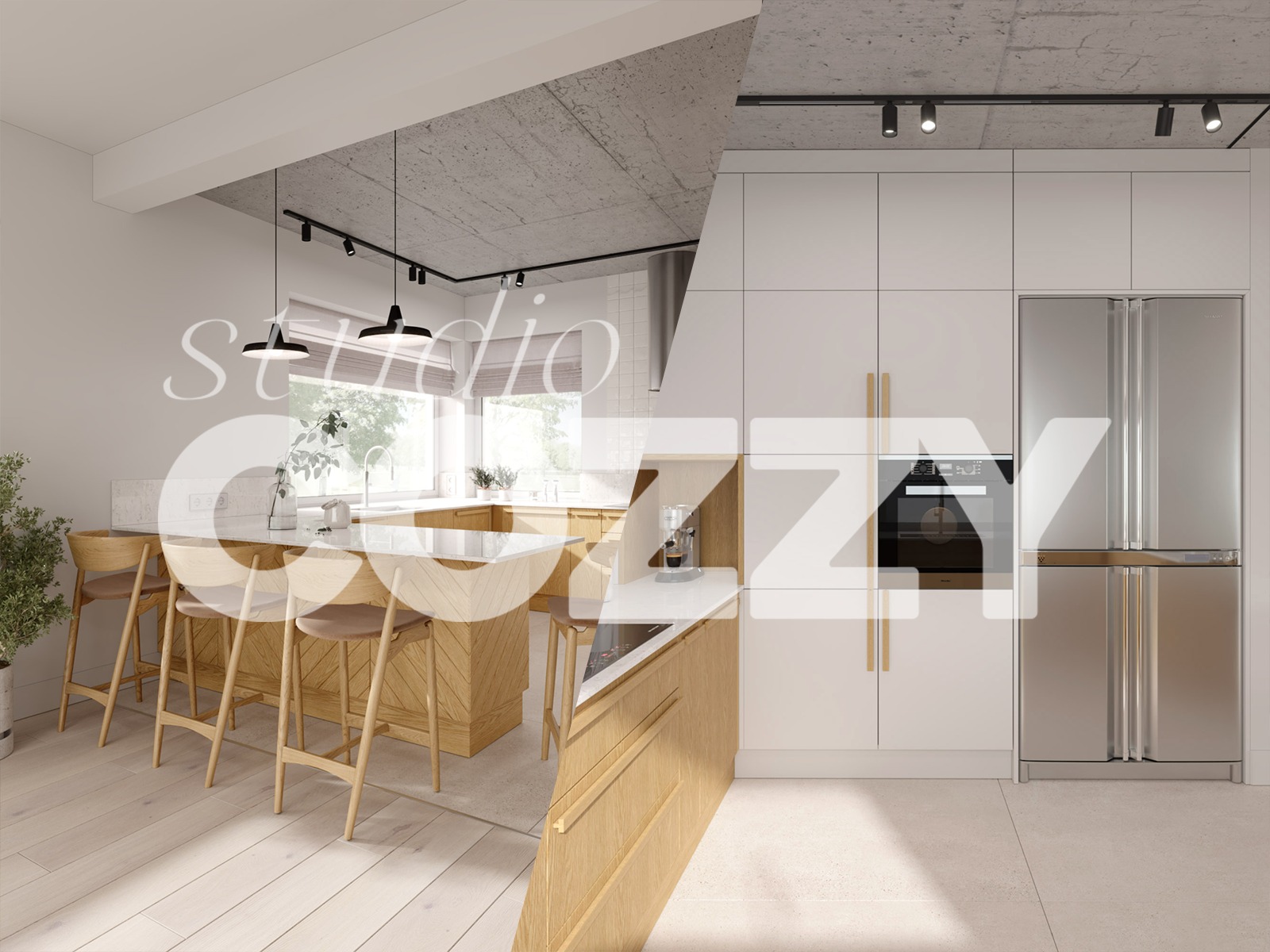 Wizualizacja jasnej kuchni z drewnianymi akcentami, wyspą kuchenną z hokerami, białymi szafkami i betonowym sufitem, oświetlona czarnymi reflektorami punktowymi.