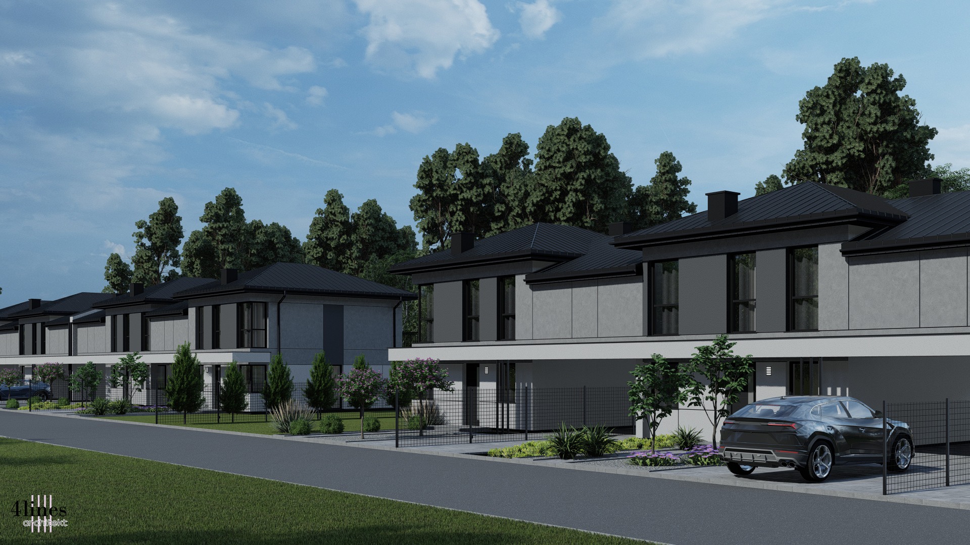Wizualizacja szeregu nowoczesnych domów z płaskimi dachami, szarymi elewacjami i dużymi oknami, z czarnym SUV-em zaparkowanym na podjeździe jednego z nich.