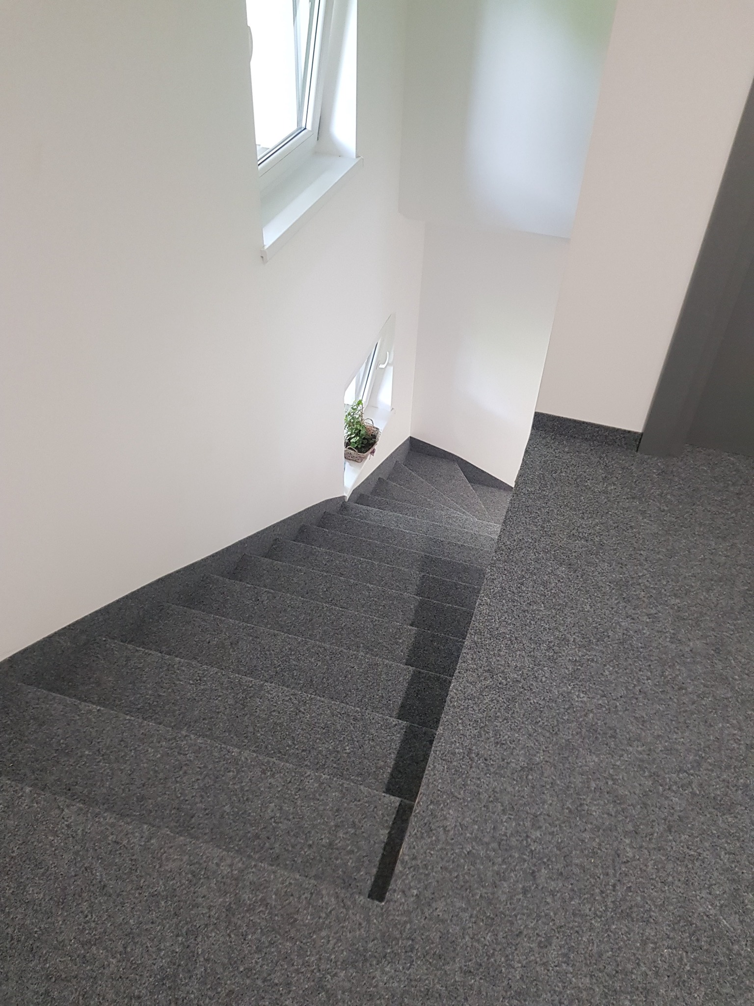Klatka schodowa wykończona szarą wykładziną dywanową, widok z góry, z doniczką z rośliną na półpiętrze pod oknem.