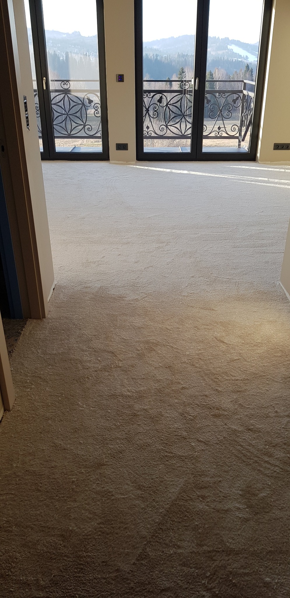 Beżowa, miękka wykładzina dywanowa w jasnym pokoju z wyjściem na balkon z ozdobną, metalową balustradą i widokiem na zalesione wzgórza w oddali.