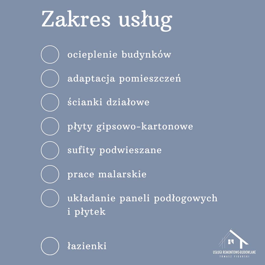 Grafika z listą zakresu usług remontowo-budowlanych: ocieplenie budynków, adaptacja pomieszczeń, ścianki działowe, płyty gipsowo-kartonowe, sufity podwieszane, prace malarskie, układanie paneli...