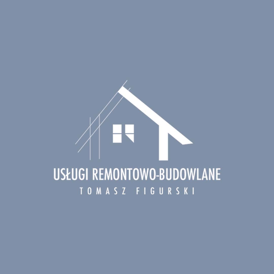 Logo firmy remontowo-budowlanej Tomasz Figurski z graficznym przedstawieniem domu w kolorze białym na szarym tle.