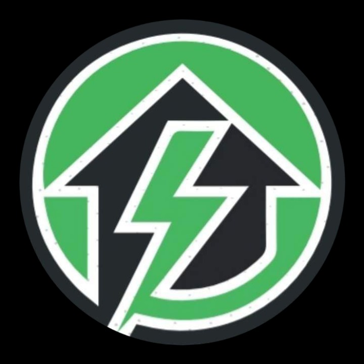 Zielono-biały logo z symbolem błyskawicy wewnątrz obrysu domu, umieszczone na czarnym tle.