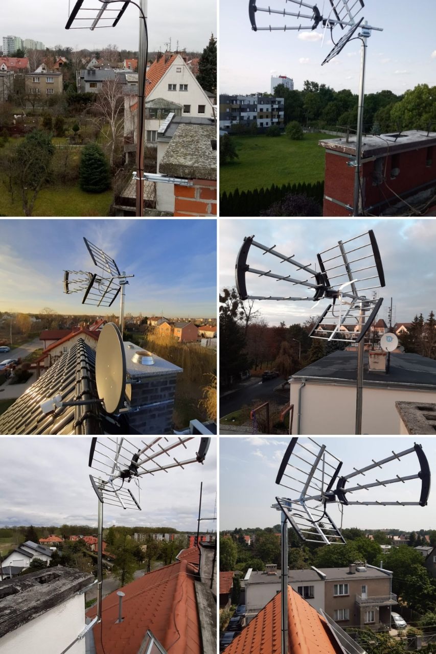 Kompozycja zdjęć anten telewizyjnych różnego typu zamontowanych na dachach budynków mieszkalnych z widokiem na okoliczną zabudowę i zieleń.