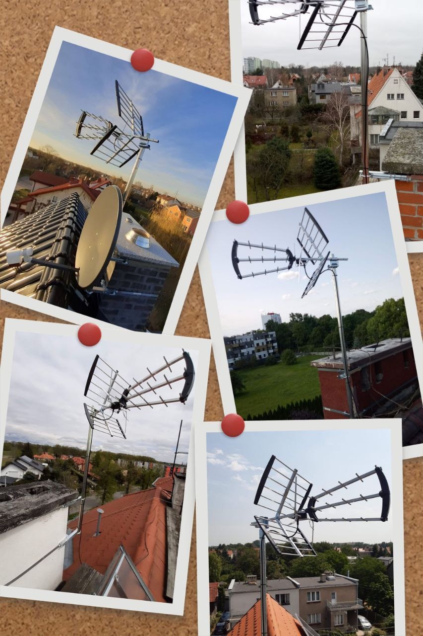 Tablica korkowa z przypiętymi zdjęciami różnych anten telewizyjnych zamontowanych na dachach budynków o zróżnicowanej architekturze i kolorystyce dachówek.