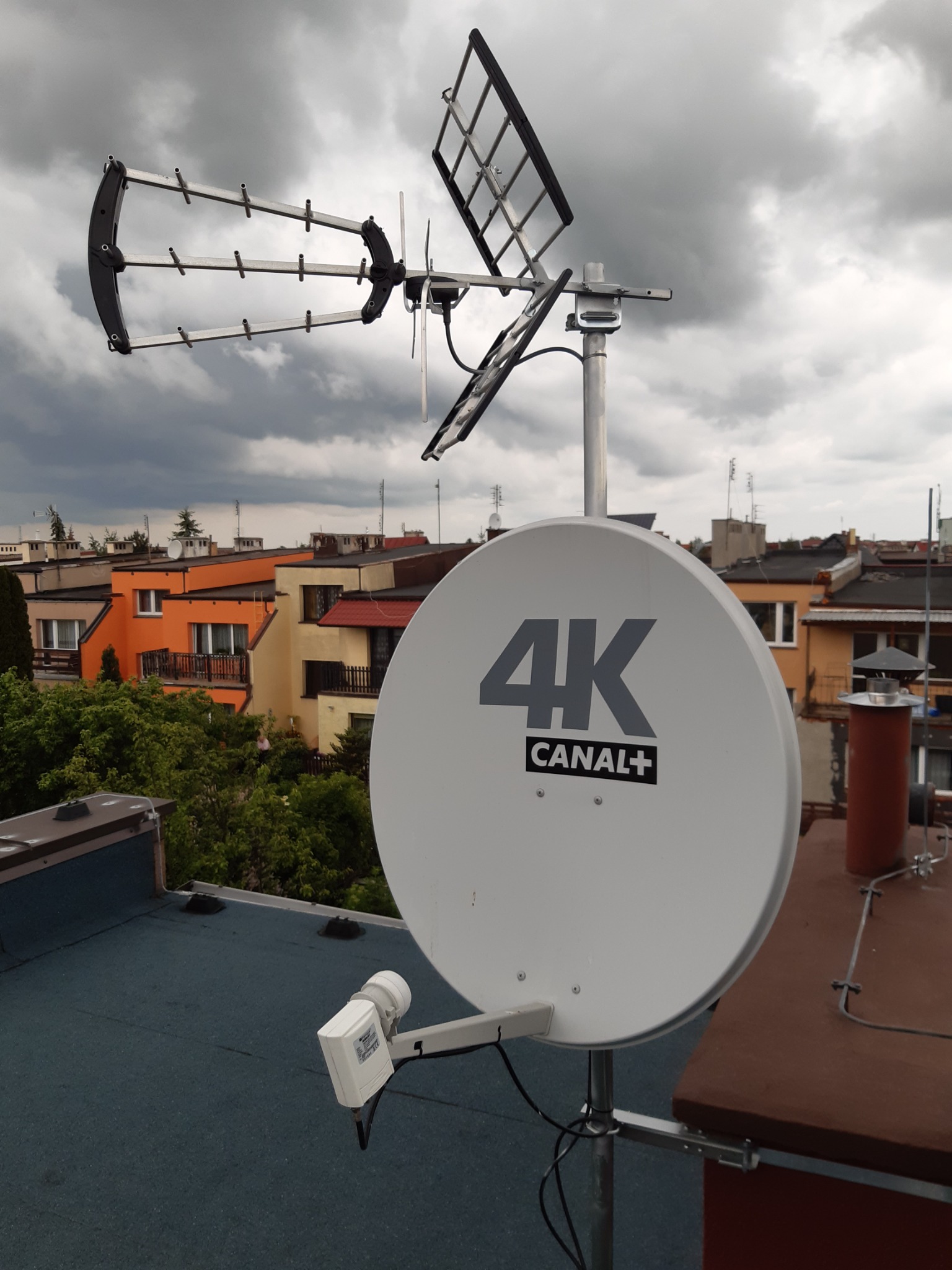 Antena satelitarna 4K Canal+ i antena naziemna na dachu budynku, widok na zabudowę miejską pod pochmurnym niebem.