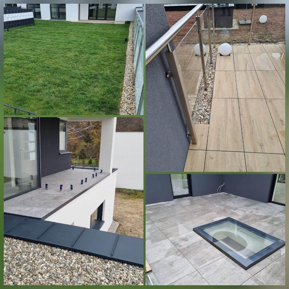 Kompozycja czterech ujęć: trawnik przy domu, balustrada z metalu i szkła z podsypką z kamieni, taras z płytkami imitującymi drewno, taras z przeszklonym świetlikiem w podłodze i widocznymi kablami.