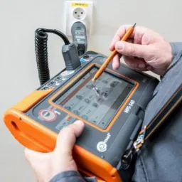 Elektryk używa miernika MPI-540 z rysikiem do testowania gniazdka elektrycznego; widoczny przewód spiralny i naklejka z napisem 'REZERW'