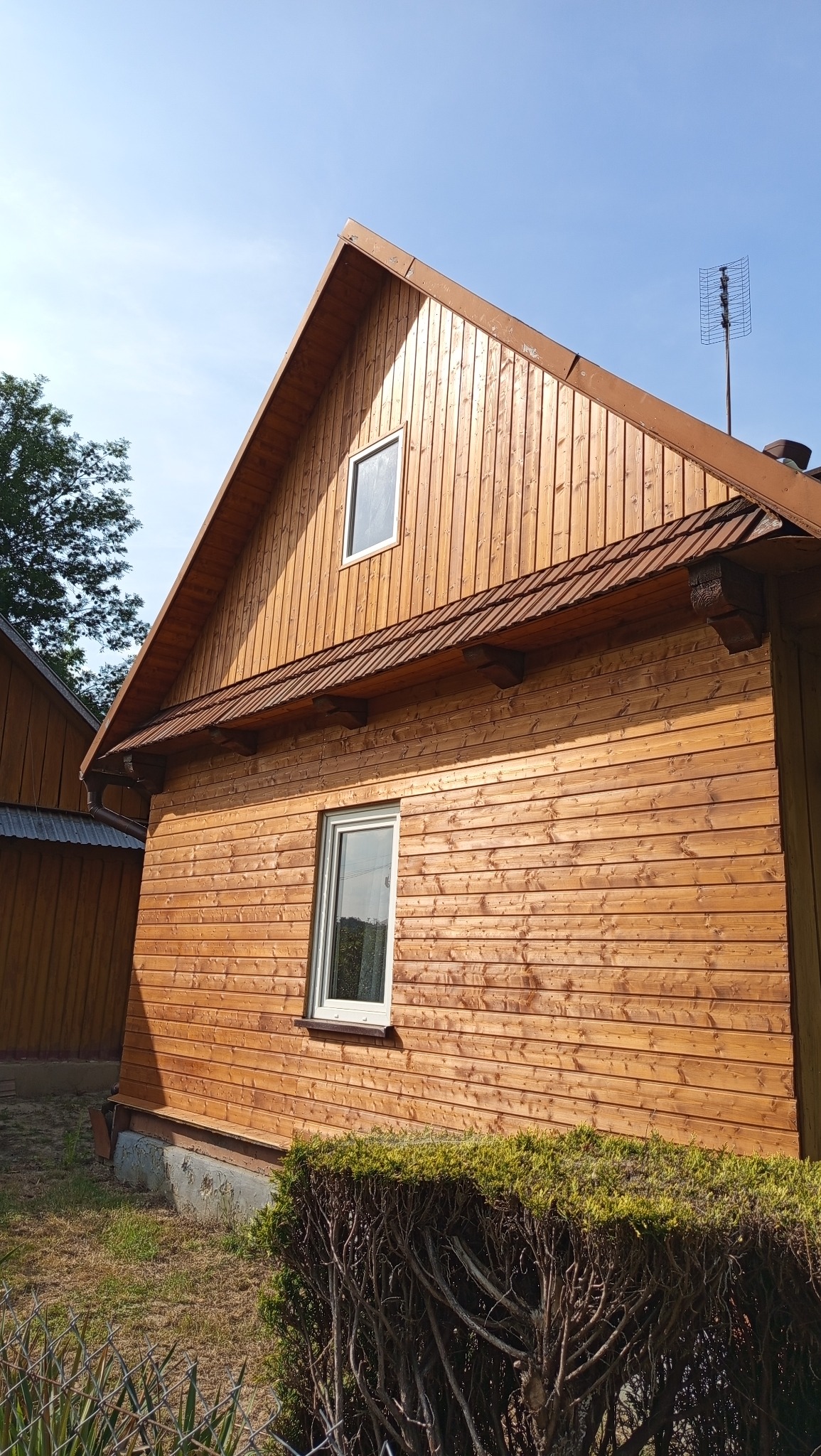 Drewniany dom z jasną elewacją, widoczny z boku, z małym oknem na poddaszu i anteną na dachu, otoczony zielenią. Świeżo pomalowana elewacja z widoczną strukturą drewna.