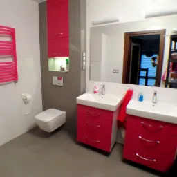 Nowoczesna łazienka z dwoma umywalkami na szafkach w odcieniach różu, wisząca toaleta i grzejnik drabinkowy w kolorze fuksji, odbicie fotografa w lustrze.