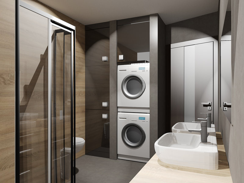 Wizualizacja nowoczesnej łazienki z drewnianymi akcentami, zawierającej kabinę prysznicową z czarnymi ramami, umywalki nablatowe na drewnianym blacie oraz pralkę i suszarkę ustawione jedna na drugiej.