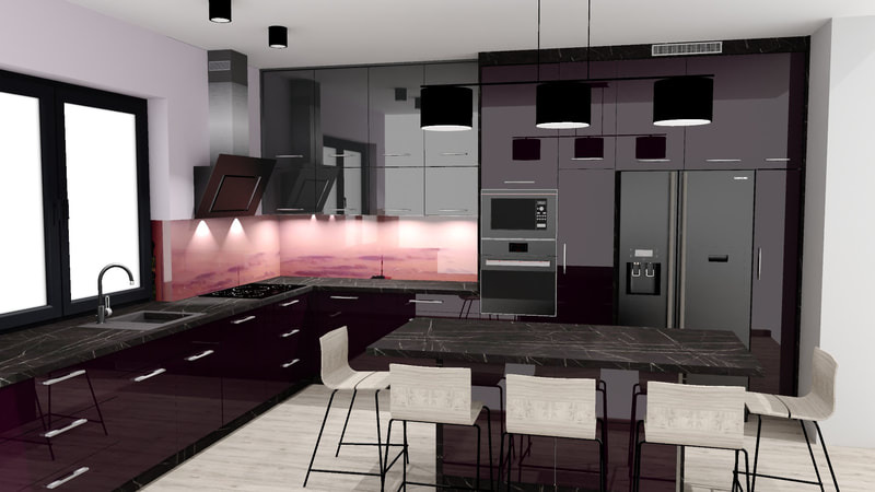 Wizualizacja nowoczesnej kuchni z ciemnymi, lakierowanymi frontami, blatem imitującym marmur, podświetlanym panelem nad blatem i wysokimi stołkami barowymi.