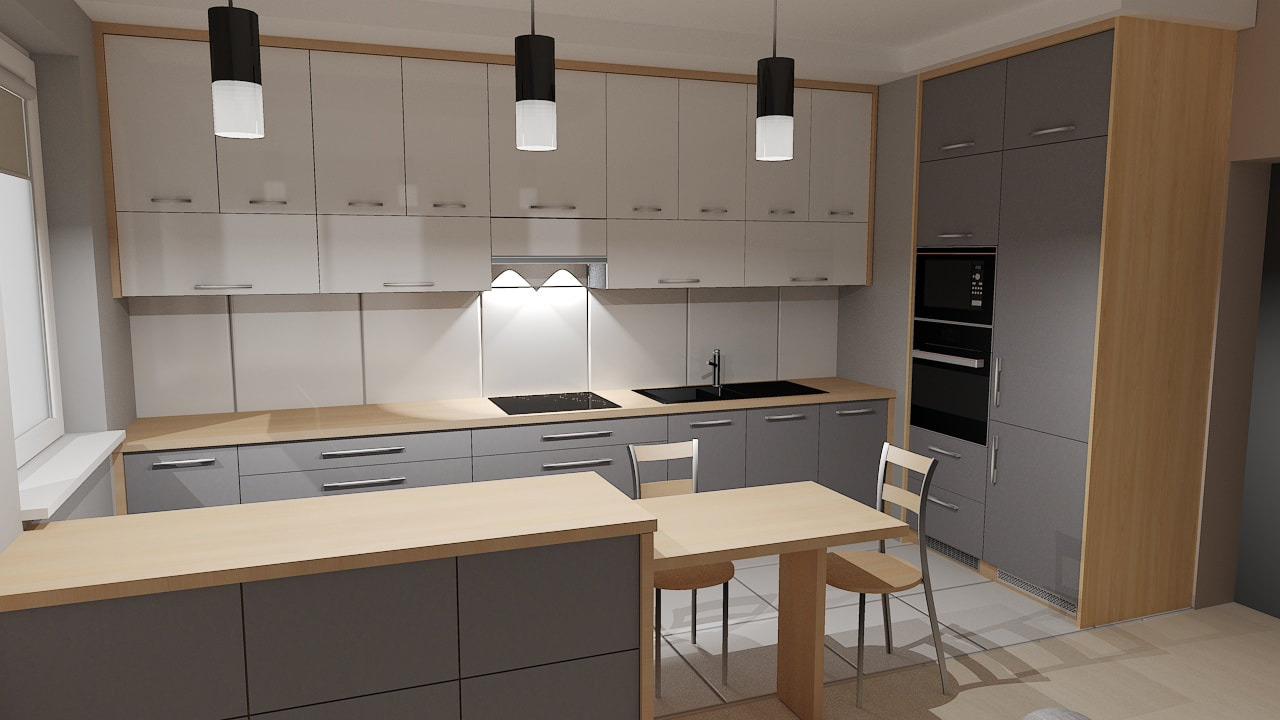 Wizualizacja nowoczesnej kuchni z szarymi szafkami dolnymi i białymi górnymi, drewnianym blatem, wyspą kuchenną i stołem jadalnym z krzesłami, oświetlona trzema wiszącymi lampami.