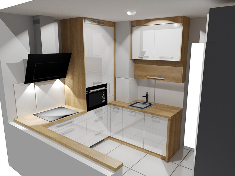 Wizualizacja nowoczesnej kuchni z białymi frontami szafek i drewnianymi blatami, czarny okap nad płytą indukcyjną, oświetlenie punktowe.