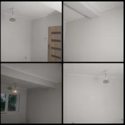 Cztery kadry z wnętrza pomalowanego na szaro: widok na drzwi wewnętrzne z okleiną drewnopodobną, sufit z lampą w stylu retro, okno z widokiem na zieleń za oknem oraz fragment ściany z belką...