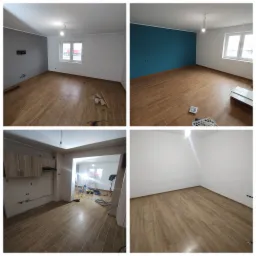 Cztery kadry z remontowanego mieszkania: świeżo pomalowane ściany w kolorze szarym i turkusowym, ułożona podłoga z płytek imitujących drewno, oraz widok na kuchnię z zamontowanymi szafkami...