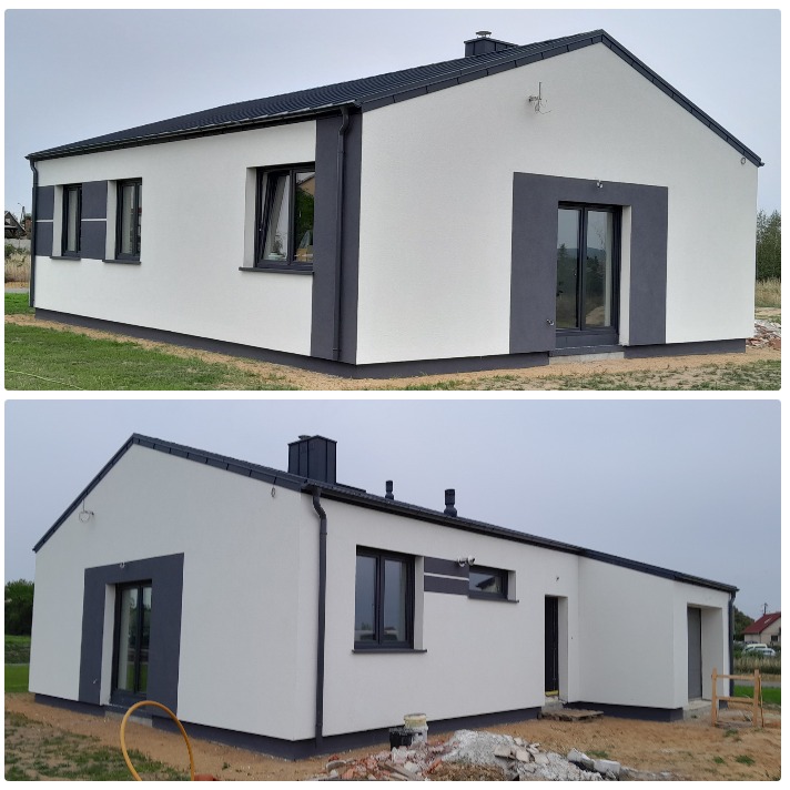 Dwukondygnacyjny dom jednorodzinny z ocieploną i pomalowaną na biało elewacją, z ciemnoszarymi akcentami wokół okien i drzwi, widoczny z dwóch perspektyw w pochmurny dzień.