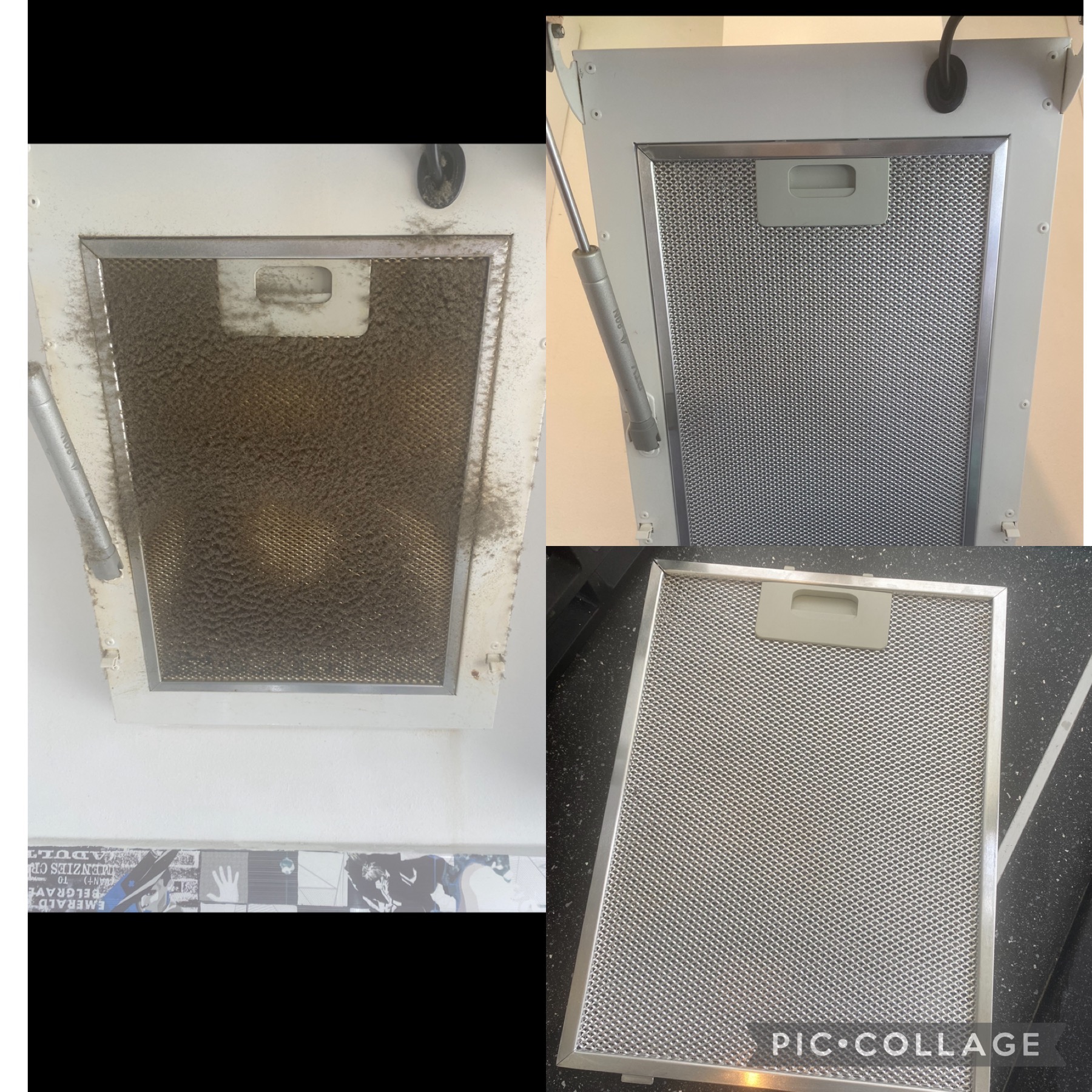 Porównanie filtra okapu kuchennego: silnie zabrudzony tłuszczem i kurzem vs. wyczyszczony, leżący na czarnym blacie