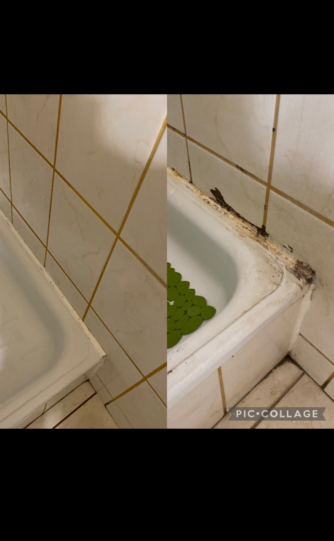 Zestawienie 'przed i po' czyszczenia fug i silikonu wokół wanny w łazience w Łodzi, ukazujące usunięcie pleśni i zabrudzeń.