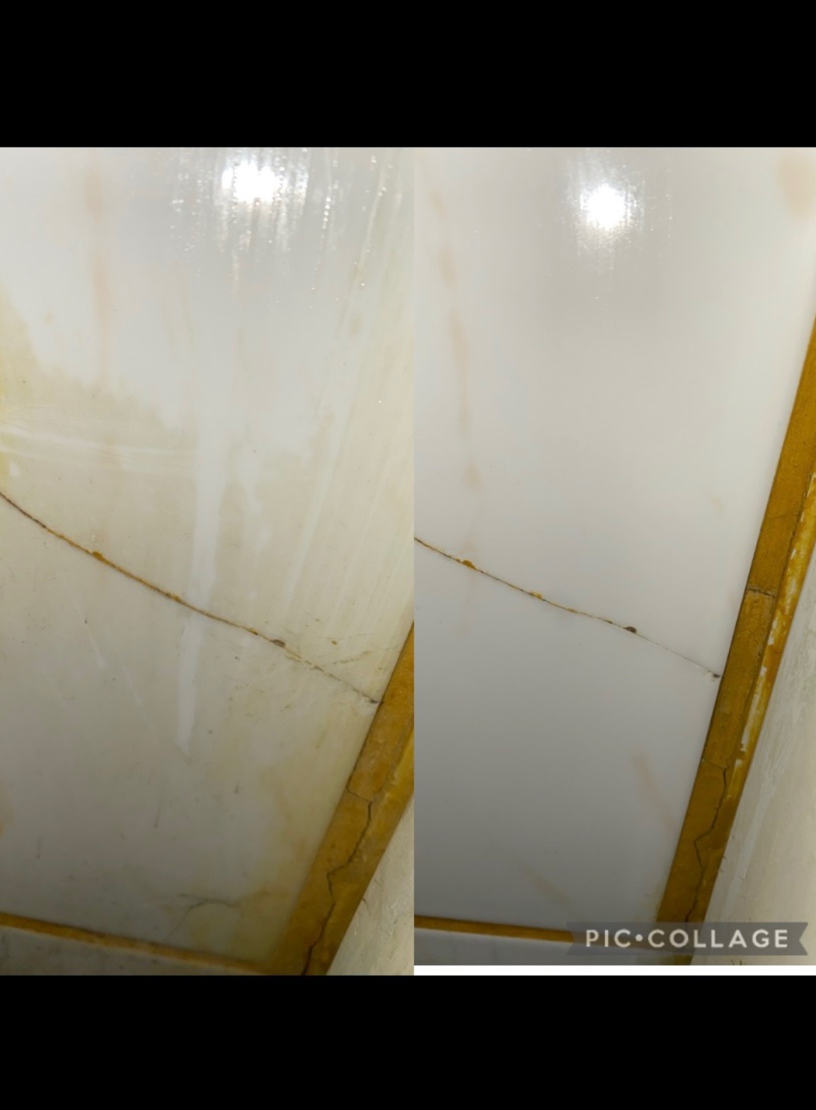 Porównanie stanu płytek ściennych w łazience przed i po czyszczeniu, widoczne zabrudzenia w fugach i przebarwienia na powierzchni.