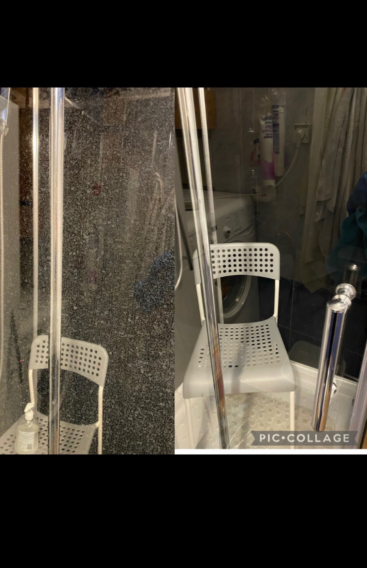 Porównanie kabiny prysznicowej przed i po czyszczeniu; po lewej stronie silnie zabrudzona, po prawej umyta, z krzesłem wewnątrz i pralką w tle.