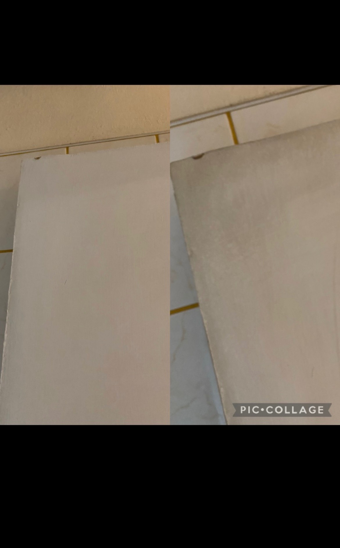 Porównanie powierzchni białego mebla: po lewej stronie przed, po prawej po czyszczeniu, widoczne różnice w odcieniu i czystości, ujęcie z góry na tle beżowych płytek.