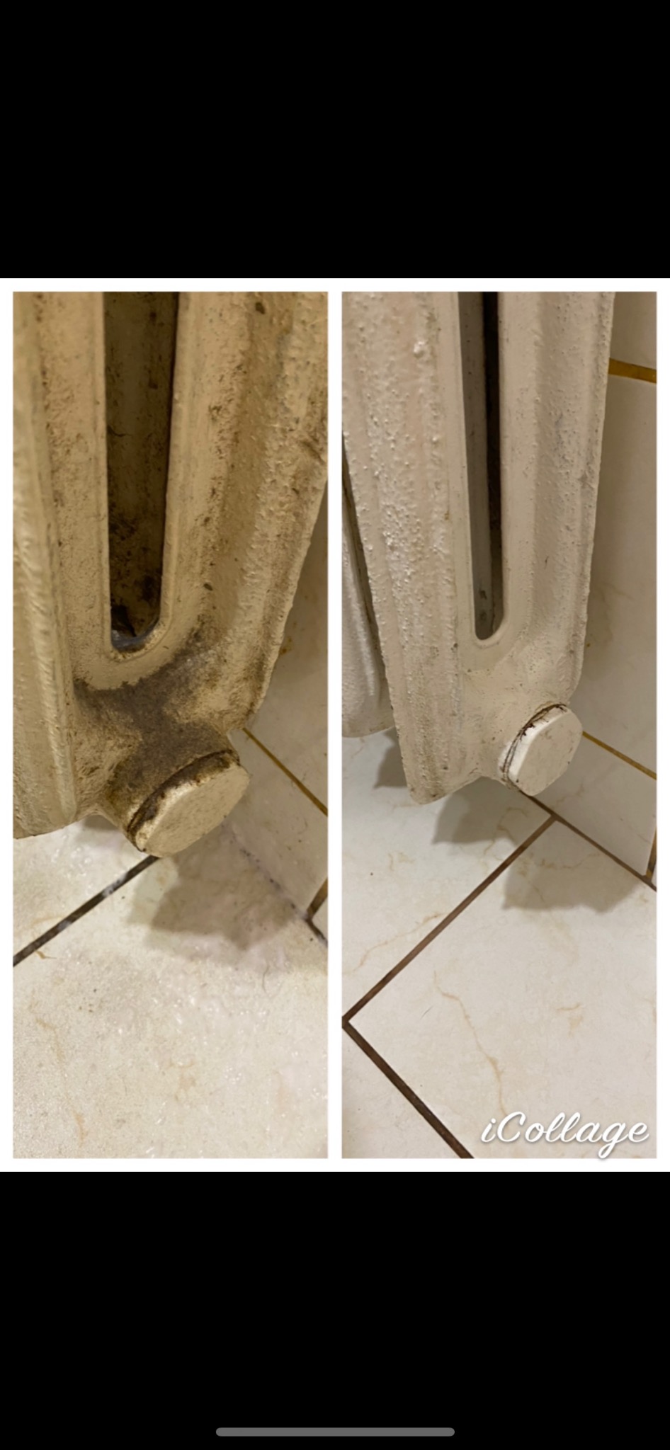 Porównanie stanu grzejnika żeberkowego przed i po czyszczeniu, widoczne osady i zabrudzenia usunięte podczas usługi sprzątania, ujęcie z bliska na tle płytek podłogowych.