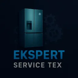 Grafika 3D lodówki side-by-side w odcieniach niebieskiego, z logotypem 'EKSPERT SERVICE TEX' na ciemnym tle z zarysami kół zębatych.