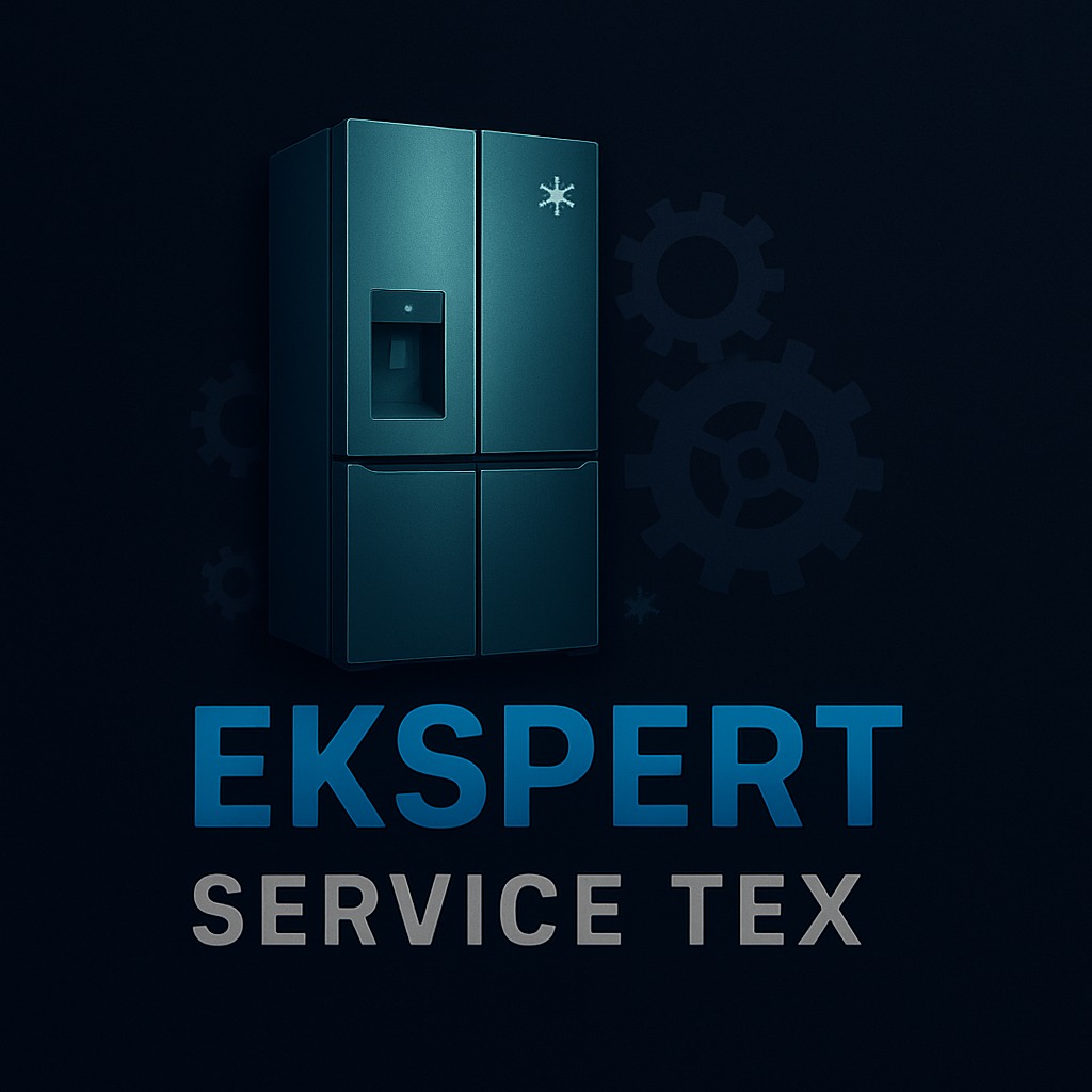 Grafika 3D lodówki side-by-side w odcieniach niebieskiego, z logotypem 'EKSPERT SERVICE TEX' na ciemnym tle z zarysami kół zębatych.
