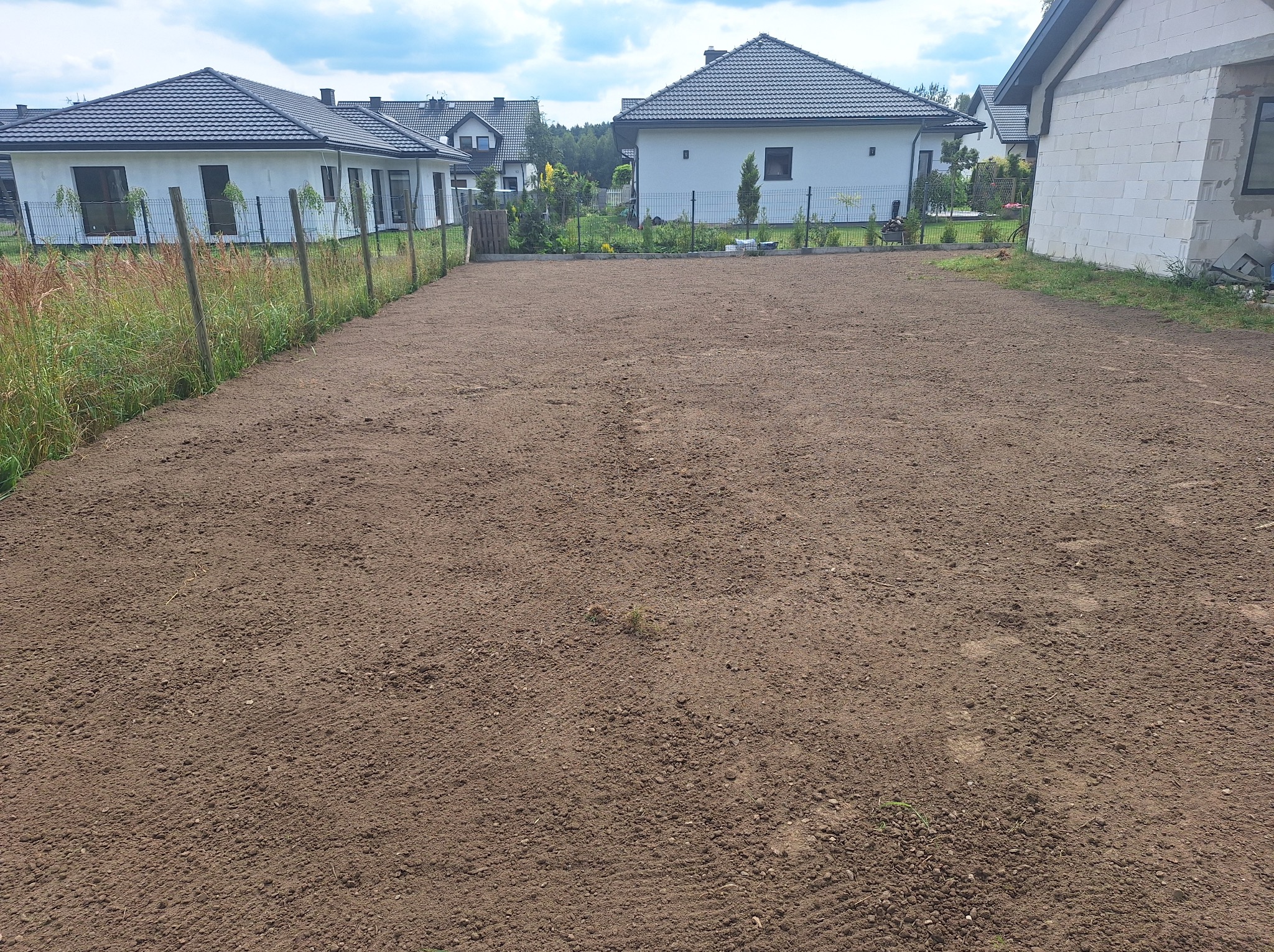 Równy, przygotowany teren pod przyszły ogród lub trawnik, widoczne ślady po maszynach, w tle nowe domy jednorodzinne.