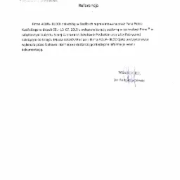 Skan referencji dla firmy AQUA-BLOCK za wykonanie izolacji poziomej w zabytkowym budynku Starej Cukrowni w Sokołowie Podlaskim, podpisana przez właściciela Jana Andrzeja Jaczewskiego.